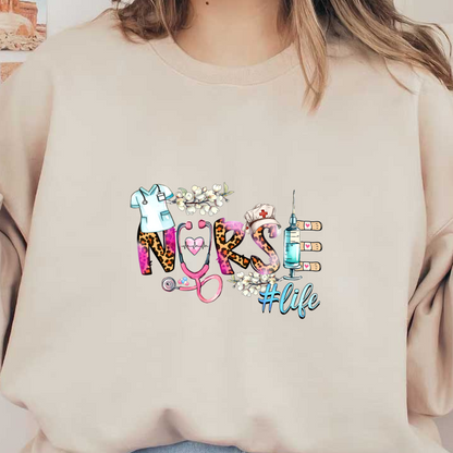 A vibrant graphic celebrating nursing with playful letters, featuring a nurse's uniform, stethoscope, syringe, and cheerful cotton blossoms.DTF Transfers