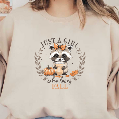 Adorable raccoon with a bow holding a drink, surrounded by autumn leaves and pumpkins, capturing the essence of fall. dtf prints