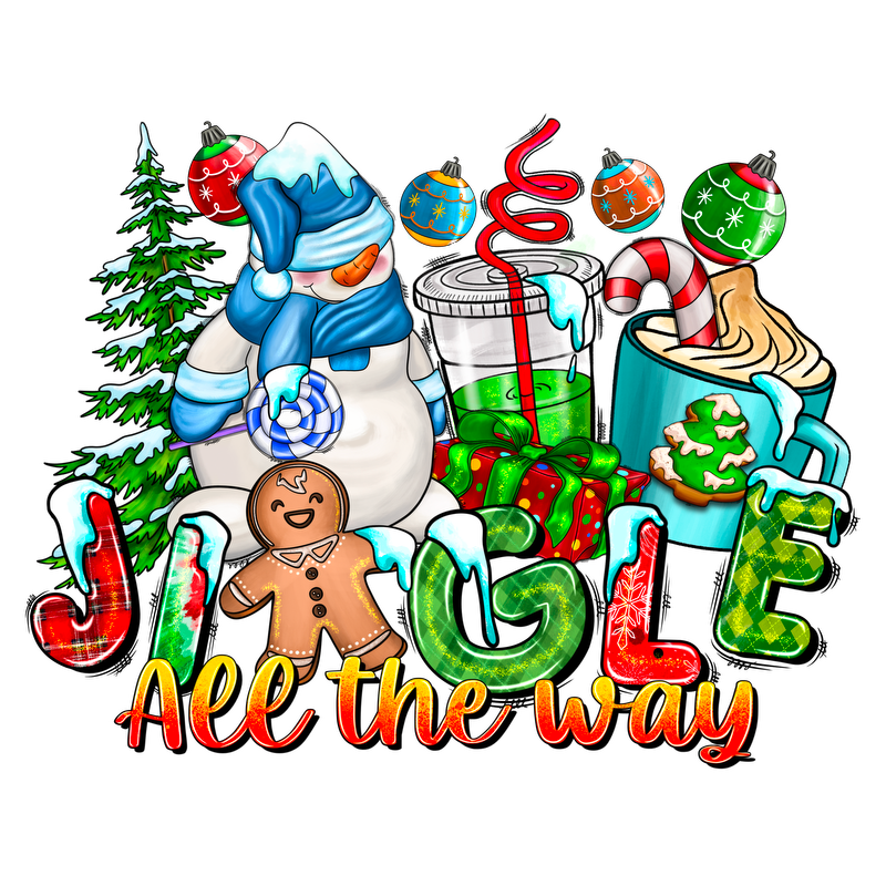 Celebrate the festive season with this colorful, whimsical design featuring a snowman, gingerbread, holiday treats, and cheerful decorations!DTF Transfers dtf transfers