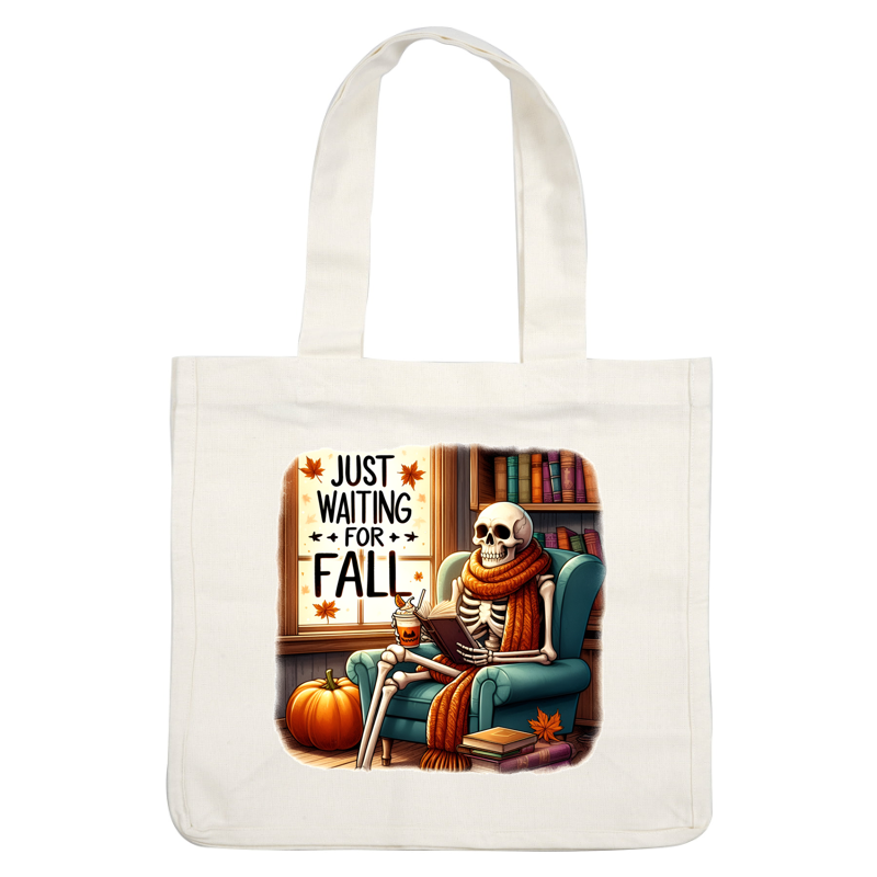 A whimsical skeleton cozies up with a book and a drink, surrounded by autumn decor, eagerly awaiting fall. dtf transfers