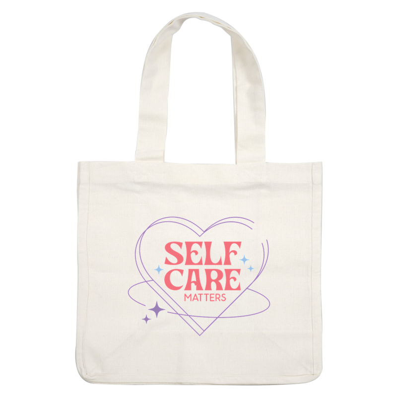 Un gráfico de corazón vibrante que presenta la frase "Self Care Matters" en letras divertidas, rodeada de estrellas y un diseño caprichoso.