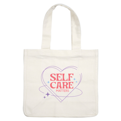 Un gráfico de corazón vibrante que presenta la frase "Self Care Matters" en letras divertidas, rodeada de estrellas y un diseño caprichoso.