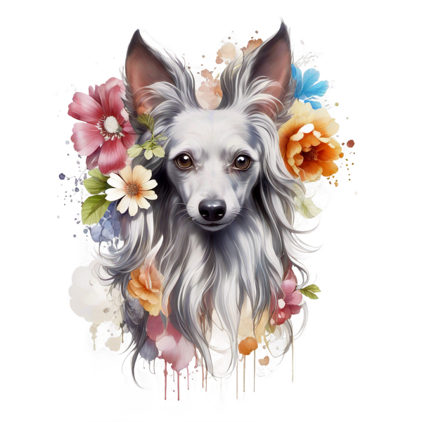 Una ilustración bellamente detallada de un perro peludo rodeado de flores vibrantes, que muestra sus rasgos expresivos y sus ojos encantadores.