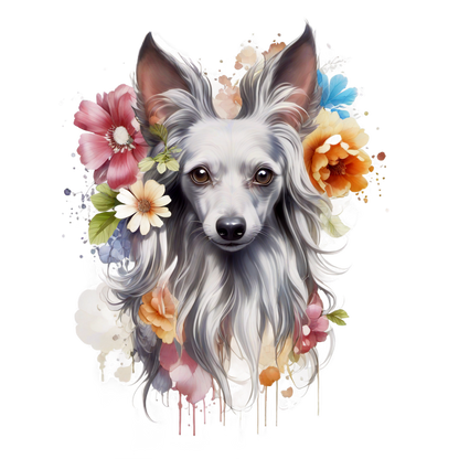 Una ilustración bellamente detallada de un perro peludo rodeado de flores vibrantes, que muestra sus rasgos expresivos y sus ojos encantadores.