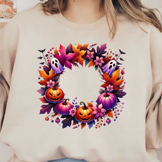 Una vibrante corona de Halloween con calabazas, motivos de fantasmas, hojas otoñales coloridas y flores divertidas para darle un toque festivo.