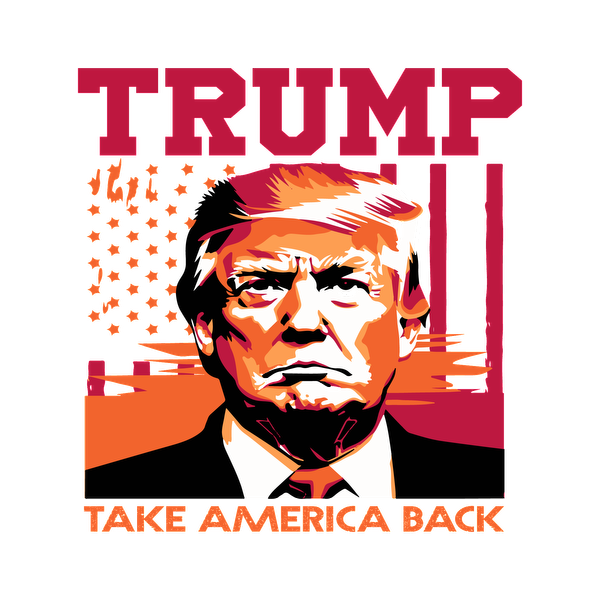 Gráfico audaz de una figura con el texto "TRUMP" y "TAKE AMERICA BACK", con colores vibrantes y un fondo con la bandera estadounidense.