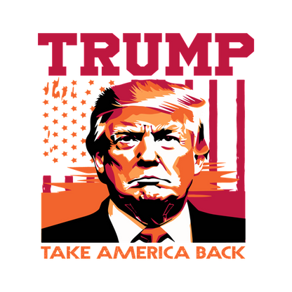 Gráfico audaz de una figura con el texto "TRUMP" y "TAKE AMERICA BACK", con colores vibrantes y un fondo con la bandera estadounidense.