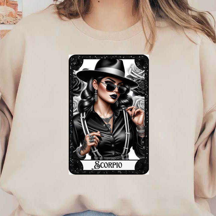 Una elegante ilustración de una mujer con una camisa negra y un sombrero, adornada con joyas, que irradia vibraciones de Escorpio en medio de rosas.