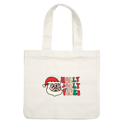 A cheerful graphic featuring a cartoon Santa Claus and the festive text "HOLLY JOLLY VIBES" in vibrant colors. dtf prints