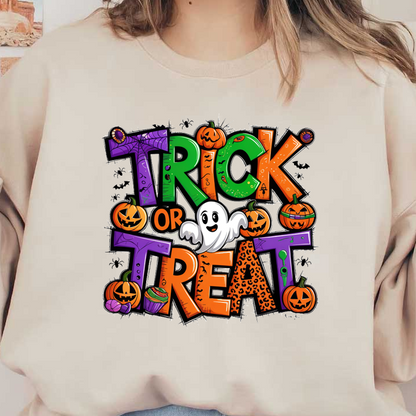 Un gráfico extravagante con temática de Halloween que presenta letras vibrantes que dicen "Truco o trato", adornado con calabazas y un fantasma juguetón.