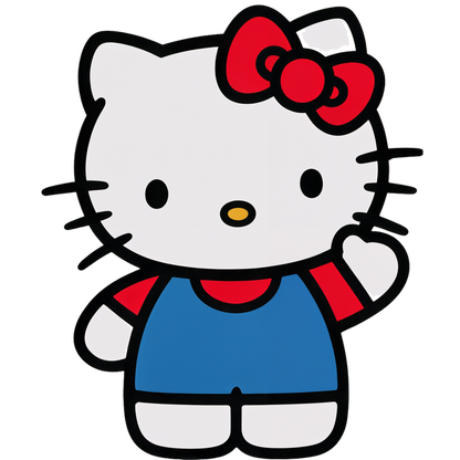 A cute, cartoon-style Hello Kitty character, wearing a red shirt and blue overalls, with a signature red bow.DTF Transfers heat press transfers