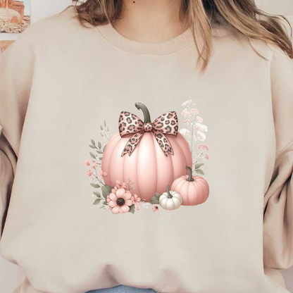 Una encantadora ilustración que presenta una gran calabaza rosa adornada con un lazo con estampado de leopardo, rodeada de delicadas flores y calabazas más pequeñas.