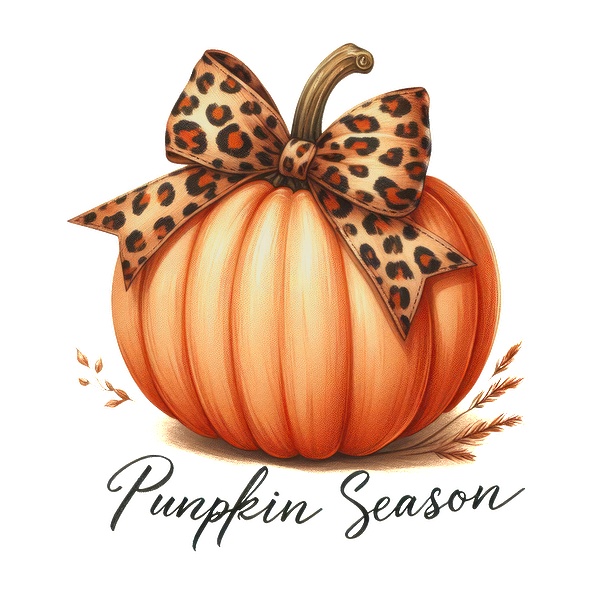 A festive pumpkin adorned with a stylish leopard print bow, celebrating the cozy vibes of pumpkin season.dtf regular iron