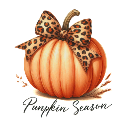 A festive pumpkin adorned with a stylish leopard print bow, celebrating the cozy vibes of pumpkin season.dtf regular iron