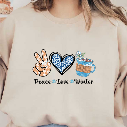 Un diseño divertido con temática invernal que incluye un símbolo de la paz, un corazón con estampado de leopardo y una taza festiva de chocolate caliente.