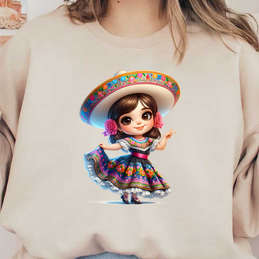 A charming girl in a vibrant traditional Mexican dress and sombrero, adorned with colorful flowers, ready to celebrate culture. heat press transfers