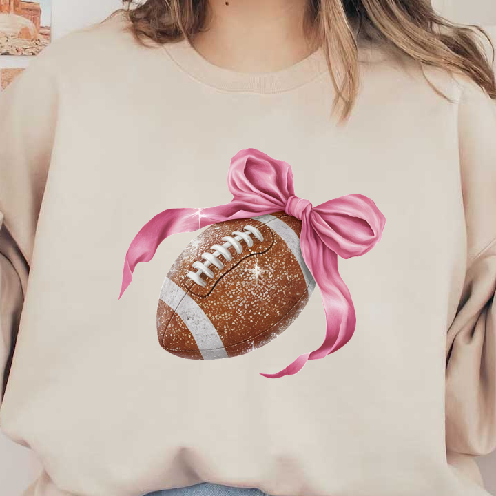 A textured football adorned with a large pink ribbon, blending athleticism and charm in a festive design.dtf regular iron