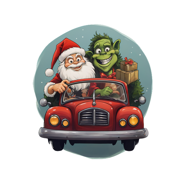 Santa Claus and a cheerful green creature drive a classic red car, spreading holiday joy with presents in tow.DTF Transfers dtf prints