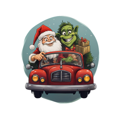 Santa Claus and a cheerful green creature drive a classic red car, spreading holiday joy with presents in tow.DTF Transfers dtf prints