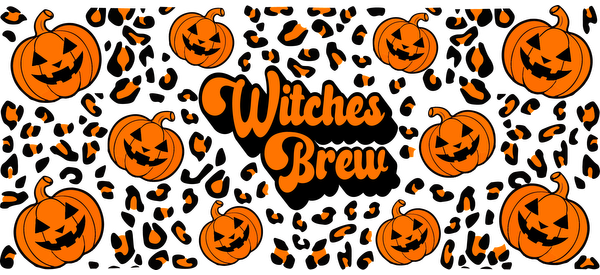 Un diseño festivo de Halloween con divertidas calabazas y el texto "Witches Brew" sobre un fondo negro. Transferencias UV