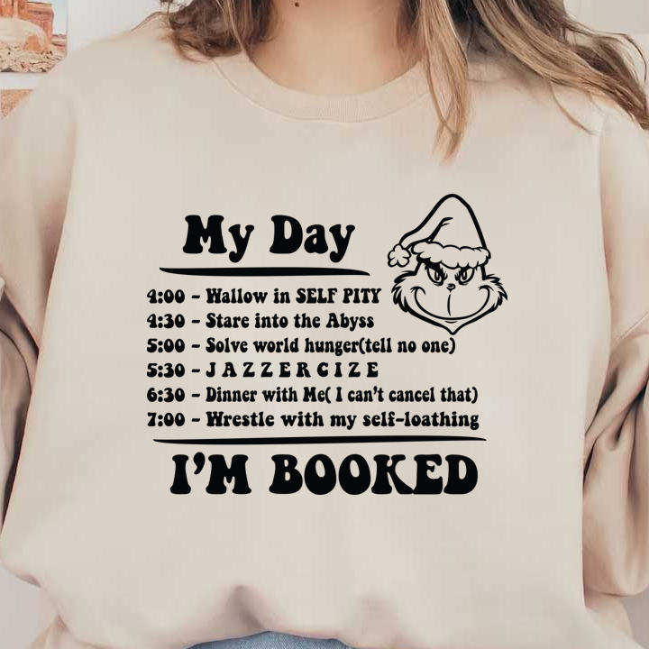 A humorous illustrated schedule features a variety of whimsical activities, including self-reflection, exercise, and engaging with self-doubt.DTF Transfers dtf transfers heat press transfers