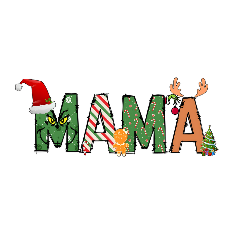 Celebrate the season with this festive "MAMA" design featuring a whimsical mix of holiday characters, colors, and decorations!DTF Transfersdtf regular iron heat press transfers