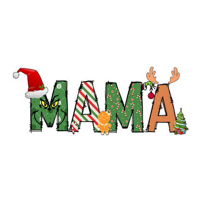 Celebrate the season with this festive "MAMA" design featuring a whimsical mix of holiday characters, colors, and decorations!DTF Transfersdtf regular iron heat press transfers