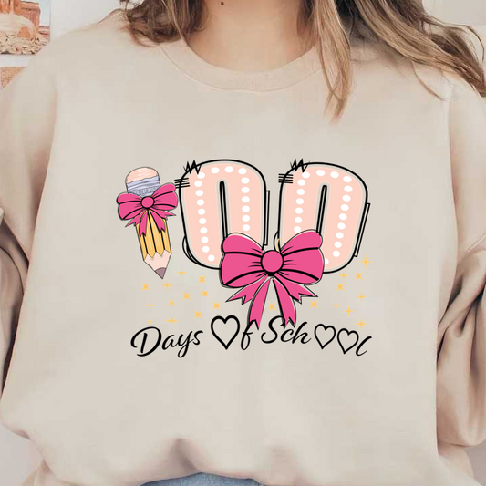 Celebrate creativity with this fun graphic featuring a pencil and pink bows, highlighted by sparkling stars and the number "100"!DTF Transfers
