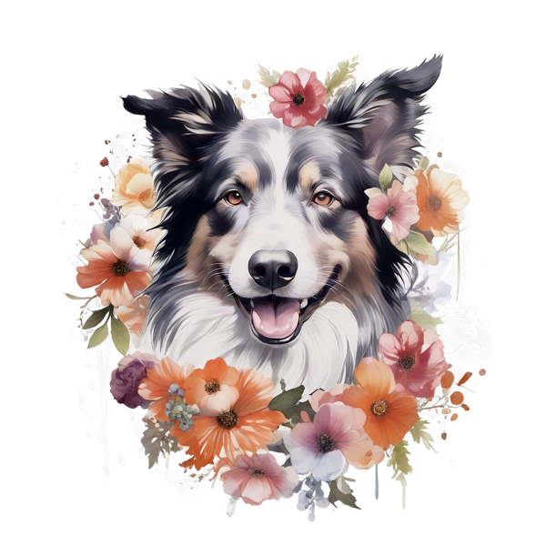 A cheerful border collie surrounded by vibrant flowers, creating a joyful and colorful floral portrait. heat press transfers