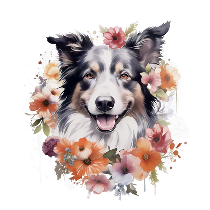 A cheerful border collie surrounded by vibrant flowers, creating a joyful and colorful floral portrait. heat press transfers