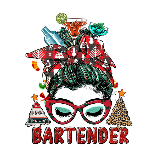 A festive bartender graphic featuring a stylish bun, vibrant drinks, and holiday elements, perfect for celebrating the season!dtf regular iron