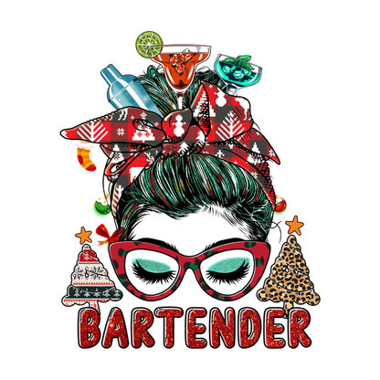 A festive bartender graphic featuring a stylish bun, vibrant drinks, and holiday elements, perfect for celebrating the season!dtf regular iron