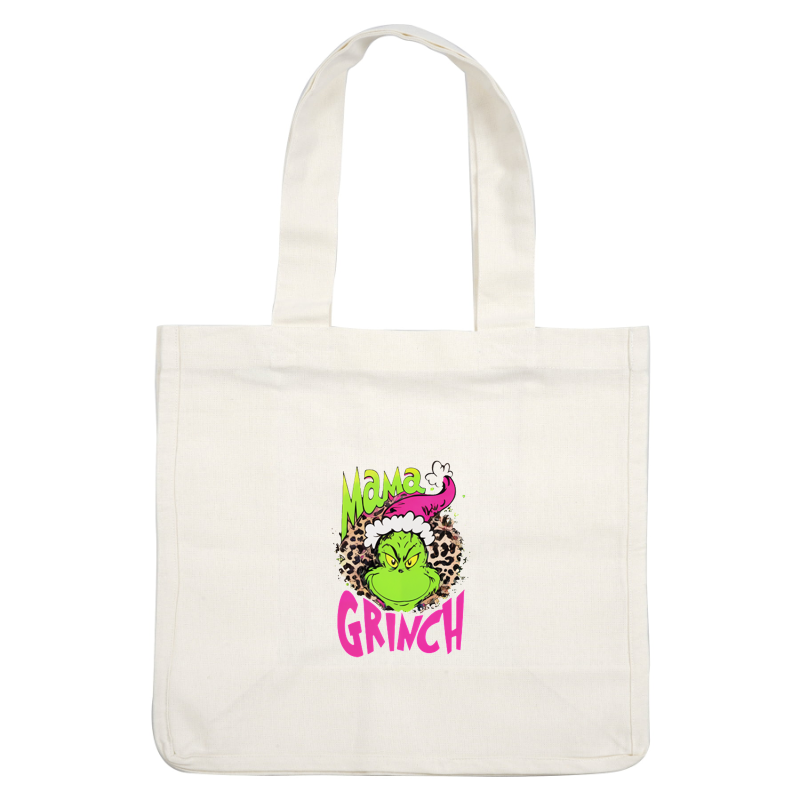 Playful "Mama Grinch" graphic featuring a green Grinch with a pink hat and leopard print accents, perfect for the holidays!DTF Transfers dtf prints