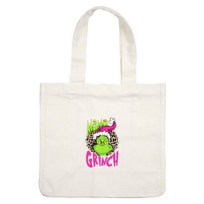 Playful "Mama Grinch" graphic featuring a green Grinch with a pink hat and leopard print accents, perfect for the holidays!DTF Transfers dtf prints