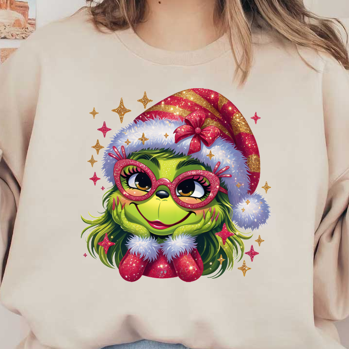 A cheerful, whimsical character with green skin, oversized pink glasses, and a festive red and white striped hat, surrounded by sparkles.DTF Transfersdtf regular iron