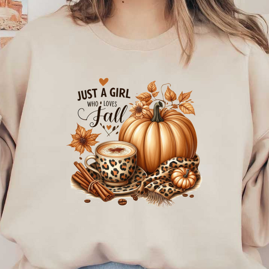 A cozy fall-themed illustration featuring a leopard print cup of coffee, a large pumpkin, and rustic decor. dtf transfers