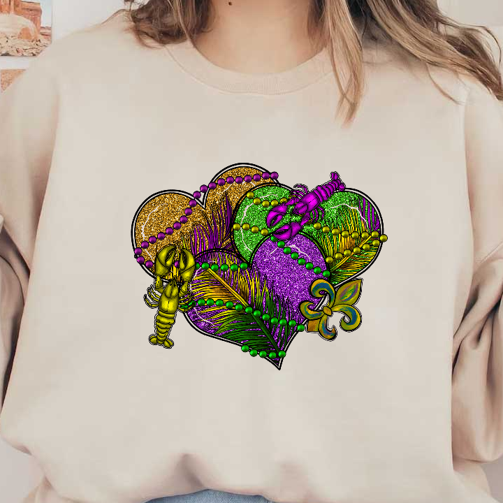 Celebrate Mardi Gras with this vibrant design featuring colorful beads, lobsters, and festive leaves in purple, green, and gold!DTF Transfers