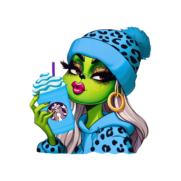 A stylish green character enjoys a Starbucks drink, wearing a blue leopard print hoodie and matching beanie.DTF Transfersdtf regular iron