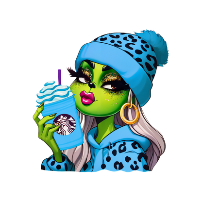 A stylish green character enjoys a Starbucks drink, wearing a blue leopard print hoodie and matching beanie.DTF Transfersdtf regular iron