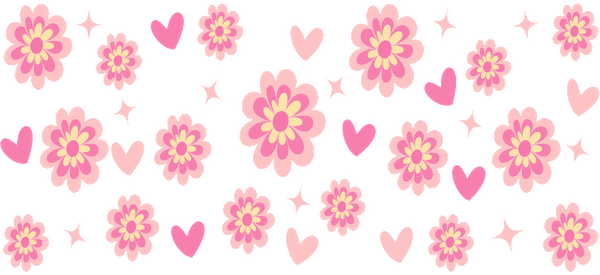 A charming pattern of pink flowers and hearts, perfect for cheerful designs and spring-themed decorations.UV Transfersdtf regular iron