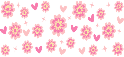 A charming pattern of pink flowers and hearts, perfect for cheerful designs and spring-themed decorations.UV Transfersdtf regular iron