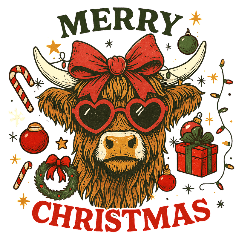 A whimsical illustration featuring a stylish cow in glasses, celebrating Christmas!DTF Transfers