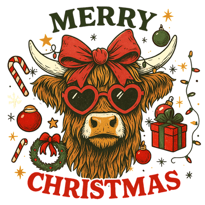 A whimsical illustration featuring a stylish cow in glasses, celebrating Christmas!DTF Transfers