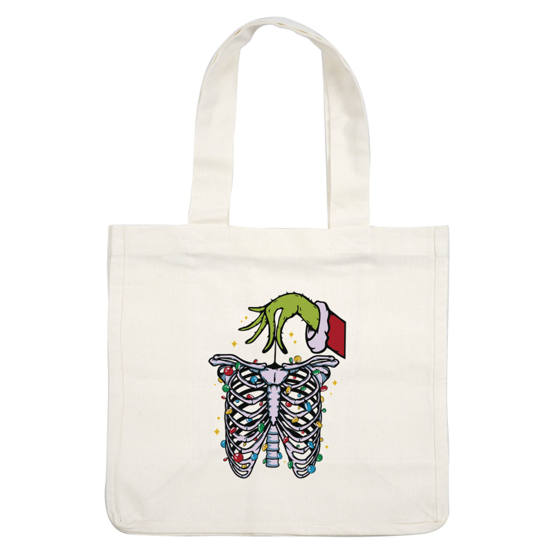 A whimsical illustration featuring a skeletal ribcage adorned with colorful Christmas lights, topped by a green hand in festive attire.DTF Transfersdtf regular iron heat press transfers