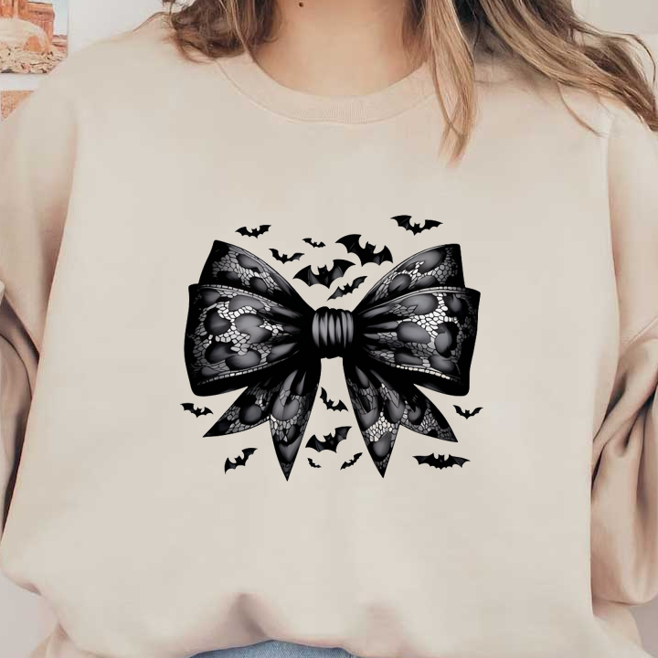 A striking black bow with intricate lace patterns and bat motifs, perfect for Halloween-themed decorations or accessories. dtf transfers