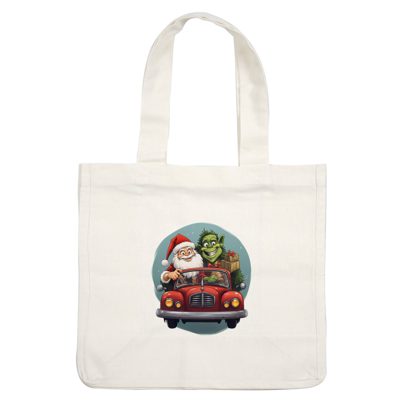 Santa Claus and a cheerful green creature drive a classic red car, spreading holiday joy with presents in tow.DTF Transfers dtf prints