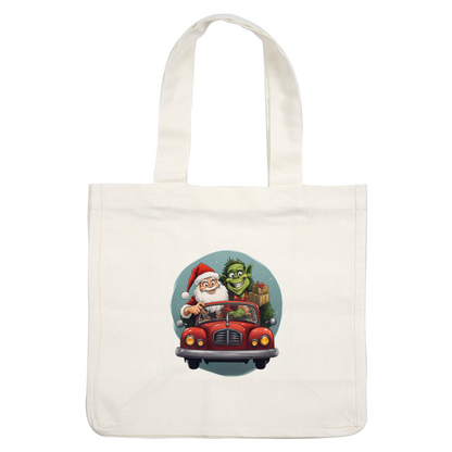 Santa Claus and a cheerful green creature drive a classic red car, spreading holiday joy with presents in tow.DTF Transfers dtf prints