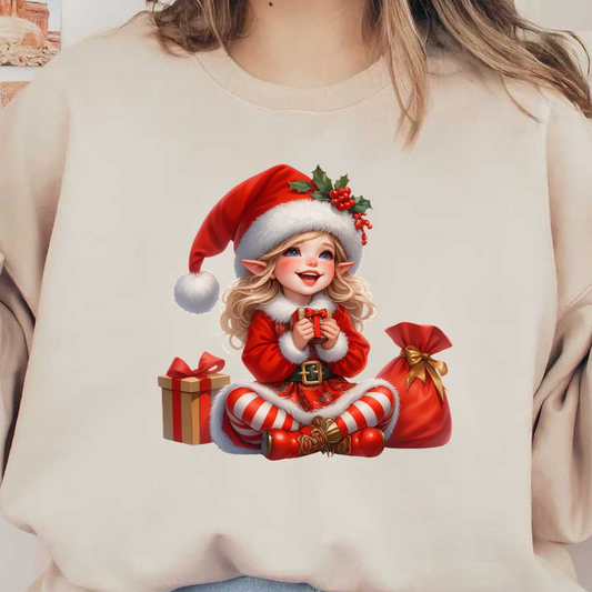 A cheerful elf in a festive red outfit, complete with a Santa hat, surrounded by gifts and a bag, embodies Christmas joy.DTF Transfers heat press transfers