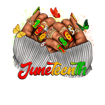 Colorful Juneteenth-themed graphic featuring adorned hands with vibrant nails showcasing the years 1865 and 1906, surrounded by butterflies. dtf prints