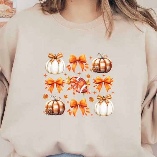 A charming collection of autumn-themed decorations featuring white and orange pumpkins, festive bows, and a football, perfect for fall celebrations. heat press transfers